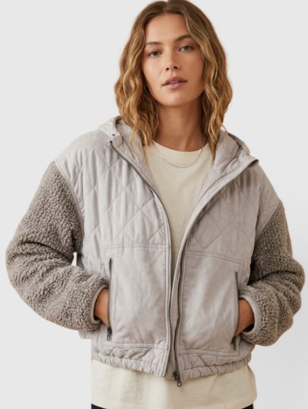 Sundays We Are Sundays Julian Quilted Bomber Jacket Hooded M Dove Gray Cropped